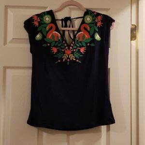 Boden Navy Blouse with embroidered flamingos